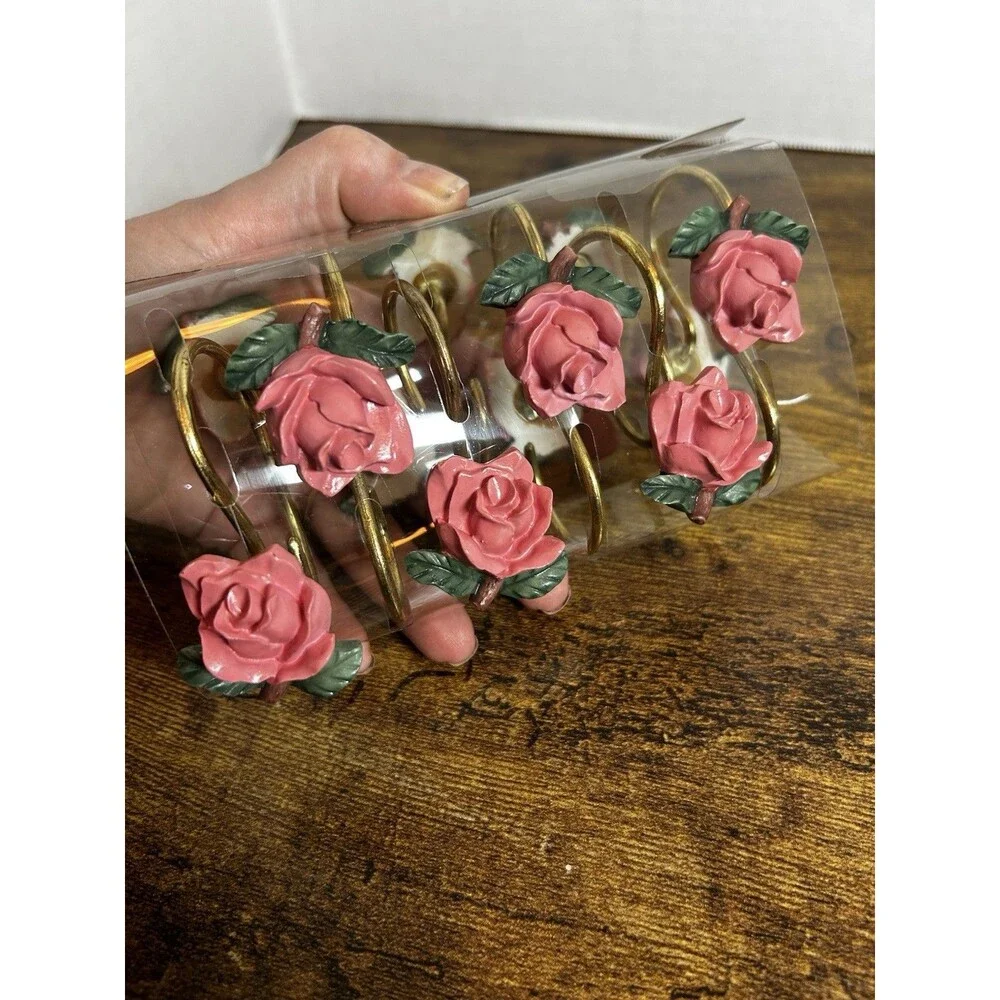 Vintage American Rose 12 Hand-Painted Pink Roses Shower Curtain Hooks Set in Box